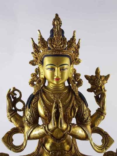 Chenrezig Statue Copper [full Gold Plated] Statue With [painted Face]