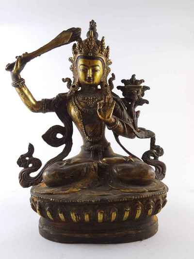 Manjushri Statue - [copper], [gold Plated], [painted Face], [antique Finishing]