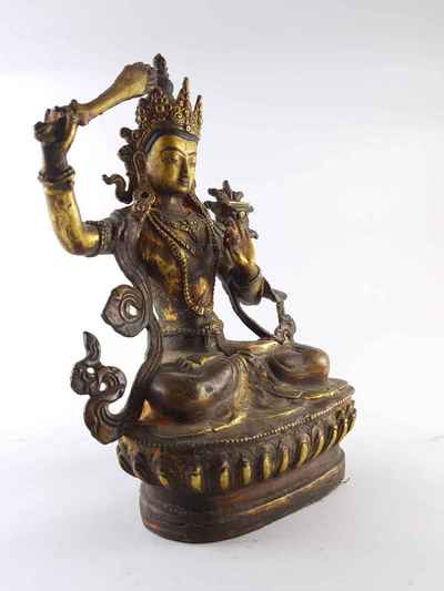 Manjushri Statue - [copper], [gold Plated], [painted Face], [antique Finishing]