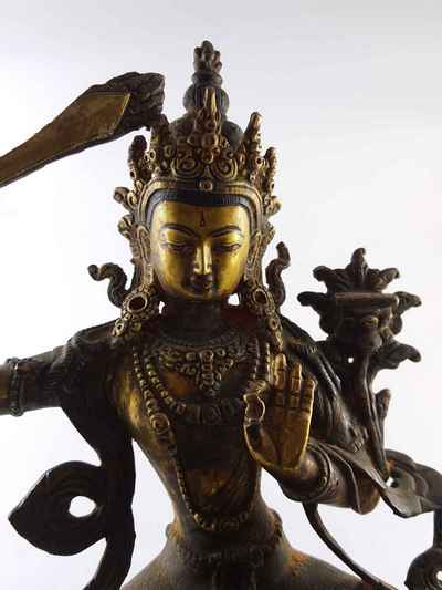 Manjushri Statue - [copper], [gold Plated], [painted Face], [antique Finishing]