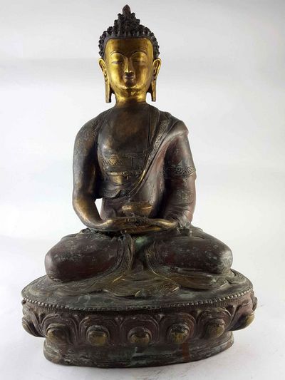 Copper Amitabha Buddha [partly Gold Plated], [painted Face], [antique Finishing]