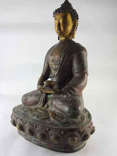 Copper Amitabha Buddha [partly Gold Plated], [painted Face], [antique Finishing]