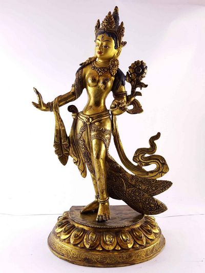 Statue Of White Tara [dancing], [full Gold Plated], [painted Face], [antique Finishing]