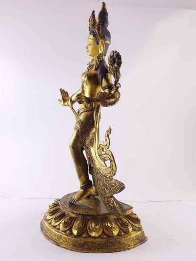 Statue Of White Tara [dancing], [full Gold Plated], [painted Face], [antique Finishing]