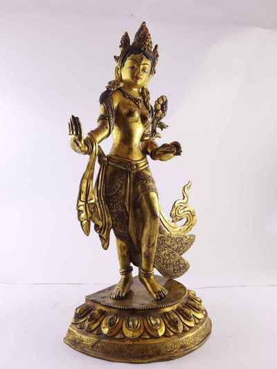 Statue Of White Tara [dancing], [full Gold Plated], [painted Face], [antique Finishing]