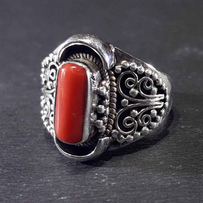 Handmade Silver Ring With Real Coral Setting With [carving]