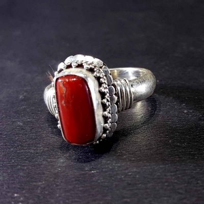 Handmade Silver Ring With Real Coral Setting