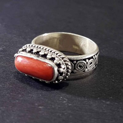 Handmade Silver Ring With Real Coral Setting With [carving]