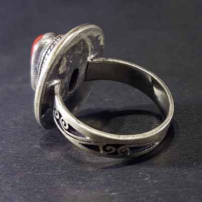 Handmade Silver Ring With Real Coral Setting With [carving]