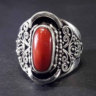 Handmade Silver Ring With Real Coral Setting With [carving]