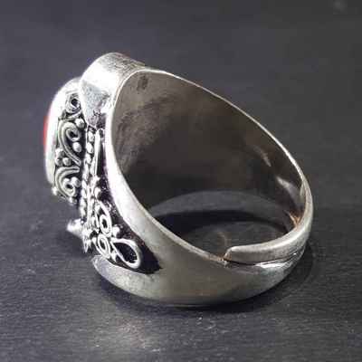 Handmade Silver Ring With Real Coral Setting With [carving]