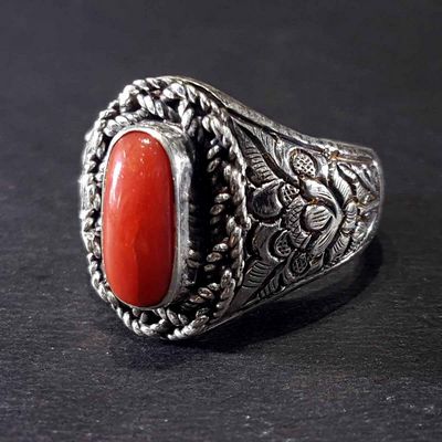 Handmade Silver Ring With Real Coral Setting [carving]