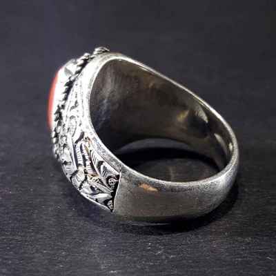 Handmade Silver Ring With Real Coral Setting [carving]