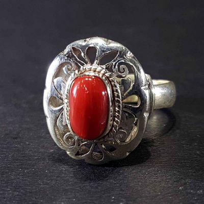 Handmade Flower Design Silver Ring With Real Coral Setting