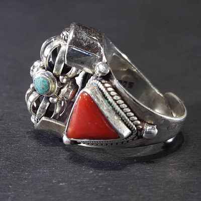 Handmade Silver Ring With Real Coral Setting [spinning Dorje]