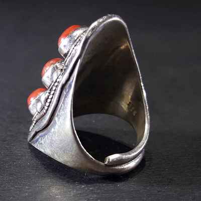 Handmade Silver Ring With Three Real Coral Setting [size Adjustable]