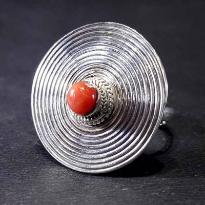 Handmade Spiral Design Silver Ring With Real Coral Setting [size Adjustable]