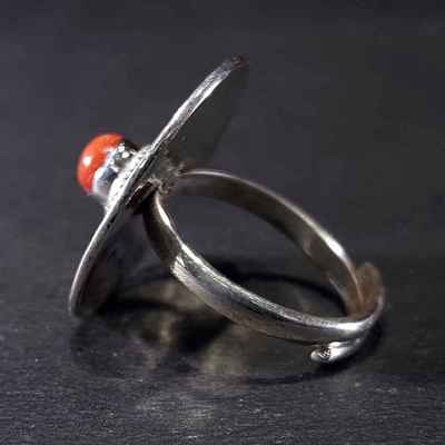 Handmade Spiral Design Silver Ring With Real Coral Setting [size Adjustable]