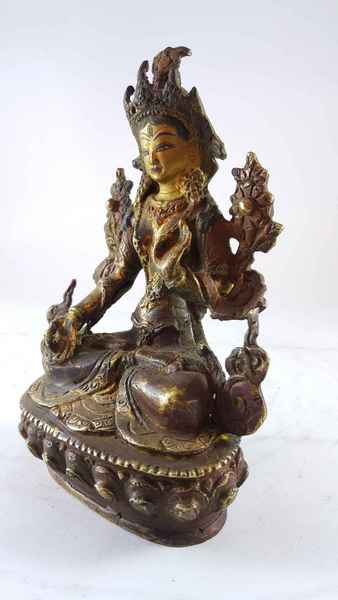 Handmade Statue Of White Tara [partly Gold Plated], [painted Face], [antique Finishing]