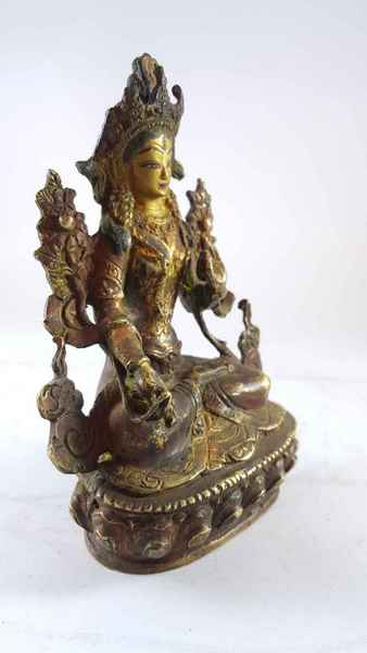 Handmade Statue Of White Tara [partly Gold Plated], [painted Face], [antique Finishing]