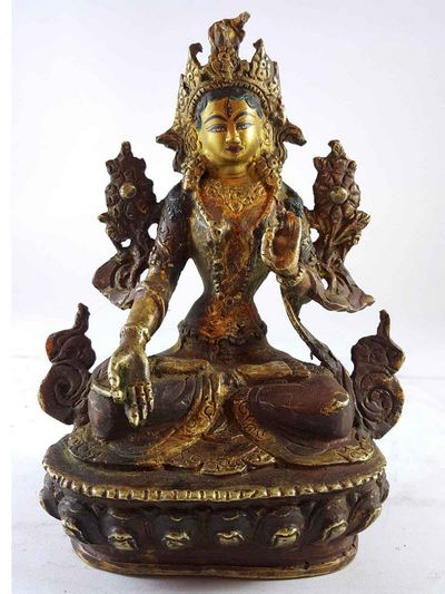 Handmade Statue Of White Tara [partly Gold Plated], [painted Face], [antique Finishing]