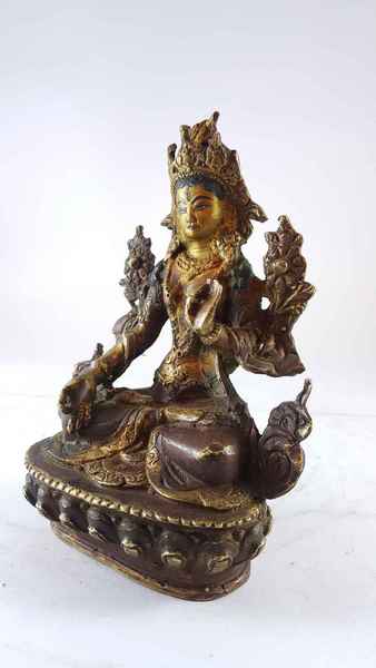 Handmade Statue Of White Tara [partly Gold Plated], [painted Face], [antique Finishing]