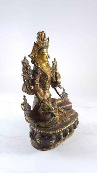 Handmade Statue Of White Tara [partly Gold Plated], [painted Face], [antique Finishing]