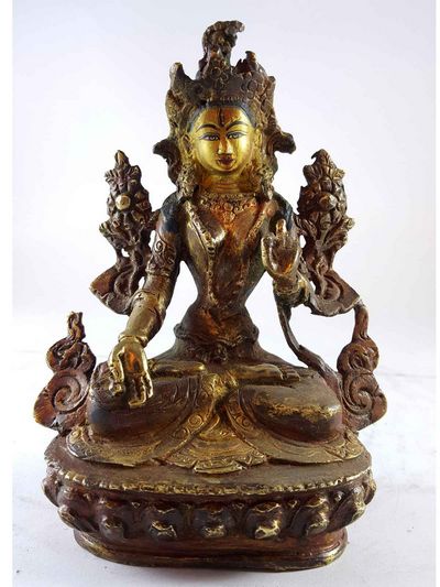 Handmade Statue Of White Tara [partly Gold Plated], [painted Face], [antique Finishing]