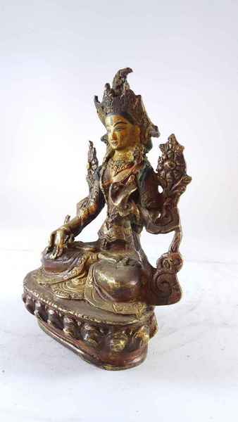 Handmade Statue Of White Tara [partly Gold Plated], [painted Face], [antique Finishing]