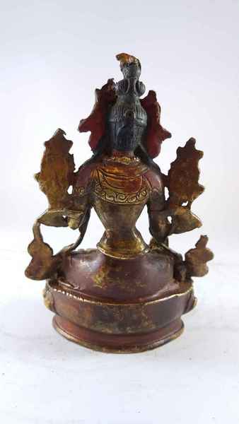 Handmade Statue Of White Tara [partly Gold Plated], [painted Face], [antique Finishing]