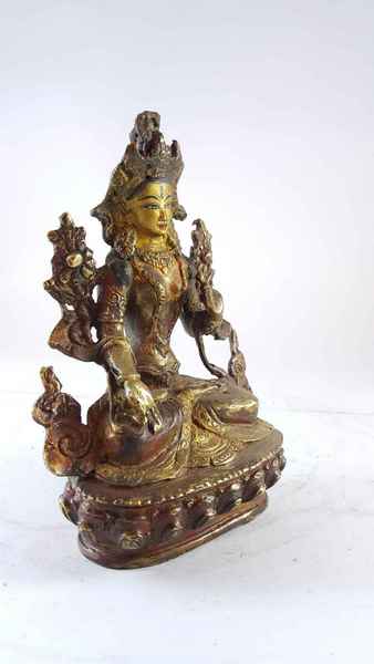 Handmade Statue Of White Tara [partly Gold Plated], [painted Face], [antique Finishing]