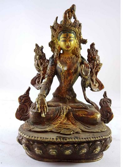 Handmade Statue Of White Tara [partly Gold Plated], [painted Face], [antique Finishing]