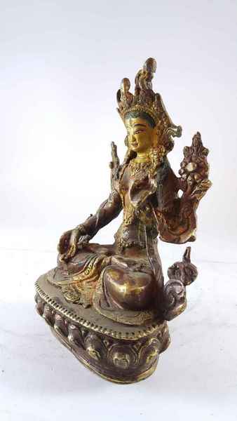 Handmade Statue Of White Tara [partly Gold Plated], [painted Face], [antique Finishing]