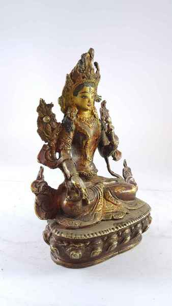 Handmade Statue Of White Tara [partly Gold Plated], [painted Face], [antique Finishing]