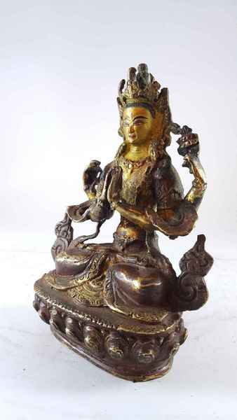 Handmade Statue Of Chenrezig [partly Gold Plated], [painted Face], [antique Finishing]