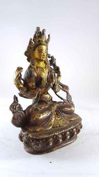 Handmade Statue Of Chenrezig [partly Gold Plated], [painted Face], [antique Finishing]