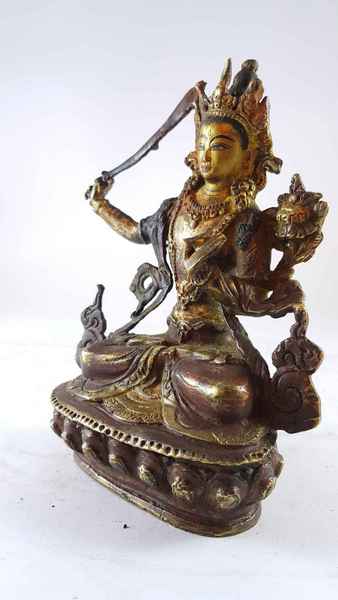 Handmade Statue Of Manjushri [partly Gold Plated], [painted Face], [antique Finishing]