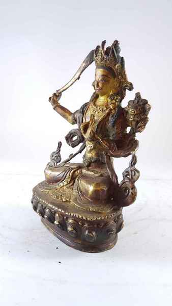 Handmade Statue Of Manjushri [partly Gold Plated], [painted Face], [antique Finishing]