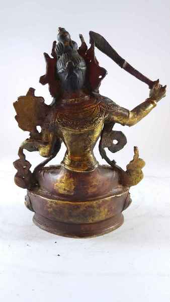 Handmade Statue Of Manjushri [partly Gold Plated], [painted Face], [antique Finishing]