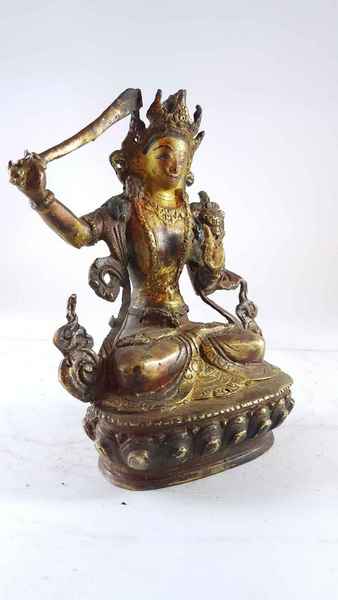 Handmade Statue Of Manjushri [partly Gold Plated], [painted Face], [antique Finishing]