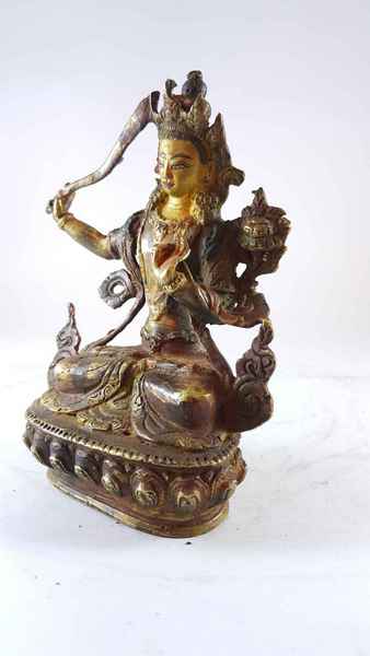 Handmade Statue Of Manjushri [partly Gold Plated], [painted Face], [antique Finishing]