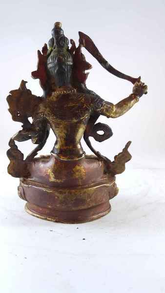 Handmade Statue Of Manjushri [partly Gold Plated], [painted Face], [antique Finishing]