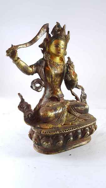 Handmade Statue Of Manjushri [partly Gold Plated], [painted Face], [antique Finishing]