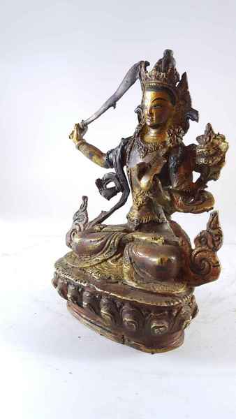 Handmade Statue Of Manjushri [partly Gold Plated], [painted Face], [antique Finishing]