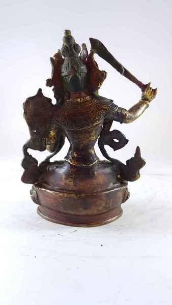 Handmade Statue Of Manjushri [partly Gold Plated], [painted Face], [antique Finishing]