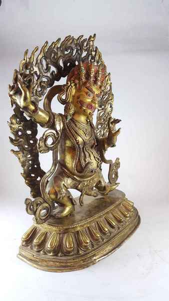 Statue Of Vajrapani [chana Dorje], [full Gold Plated], [painted Face], [antique Finishing], [sold]