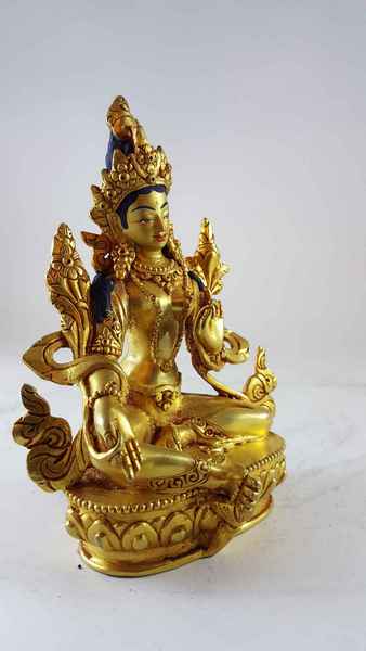 Statue Of Green Tara [full Gold Plated], [painted Face]