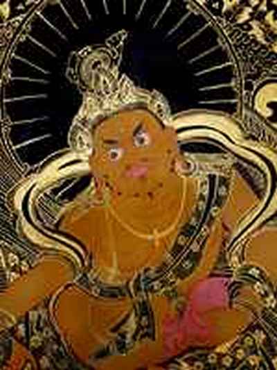 Yellow Jambhala Thangka [painting], [smoked Antique Finishing], [kuber], [dzambhala]