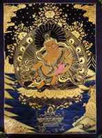 Yellow Jambhala Thangka [painting], [smoked Antique Finishing], [kuber], [dzambhala]