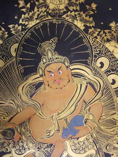 Buddhist Hand Painted Thangka Of Yellow Jambhala Thangka [painting], [smoked Antique Finishing], [kuber], [dzambhala]